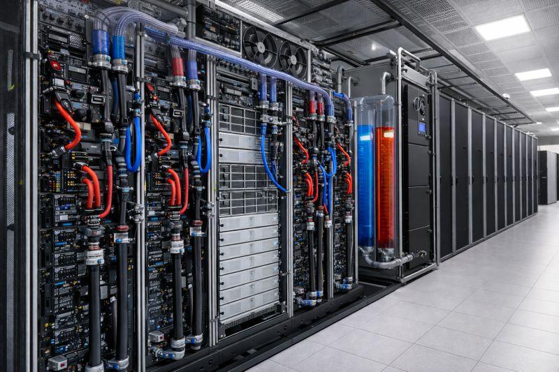 Typical liquid cooling architecture used in modern AI and HPC facilities, showing the relationship between CDUs, cooling hoses, and server racks.