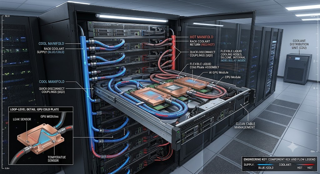Illustration showing a typical AI server liquid cooling architecture including CDU, manifold, cooling hoses, and cold plates.