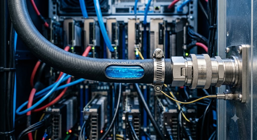 Close-up view showing the connection between liquid cooling hoses and cooling components.