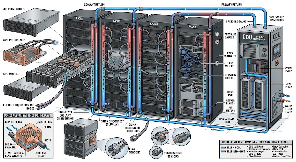 A complete AI data center liquid cooling architecture showing the relationship between servers, cold plates, liquid cooling hoses, manifolds, and CDU.
