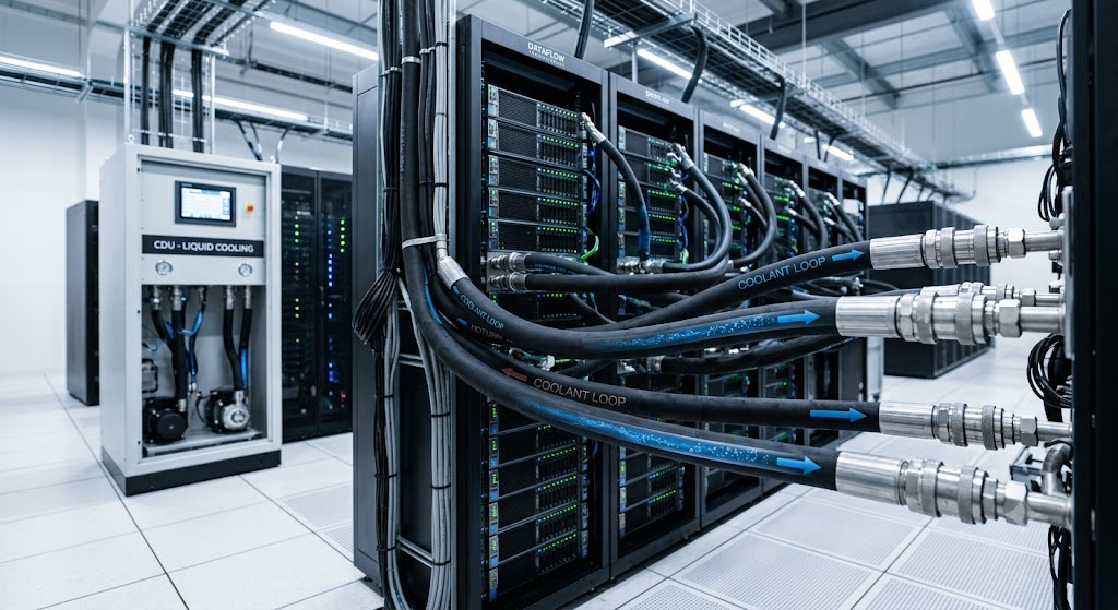 Realistic application image showing liquid cooling hoses installed in AI server infrastructure. 