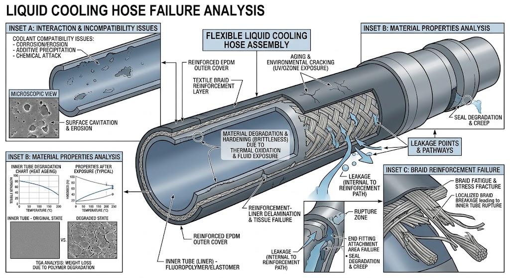 Illustration showing potential failure causes including aging, cracking, and coolant compatibility problems.