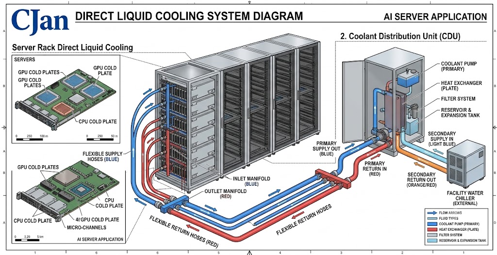 Technical diagram showing hose position within a direct liquid cooling system.