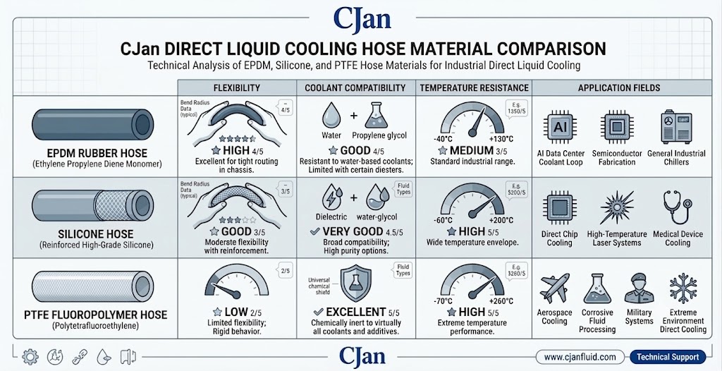 Comparison chart showing different hose materials used in direct liquid cooling systems.