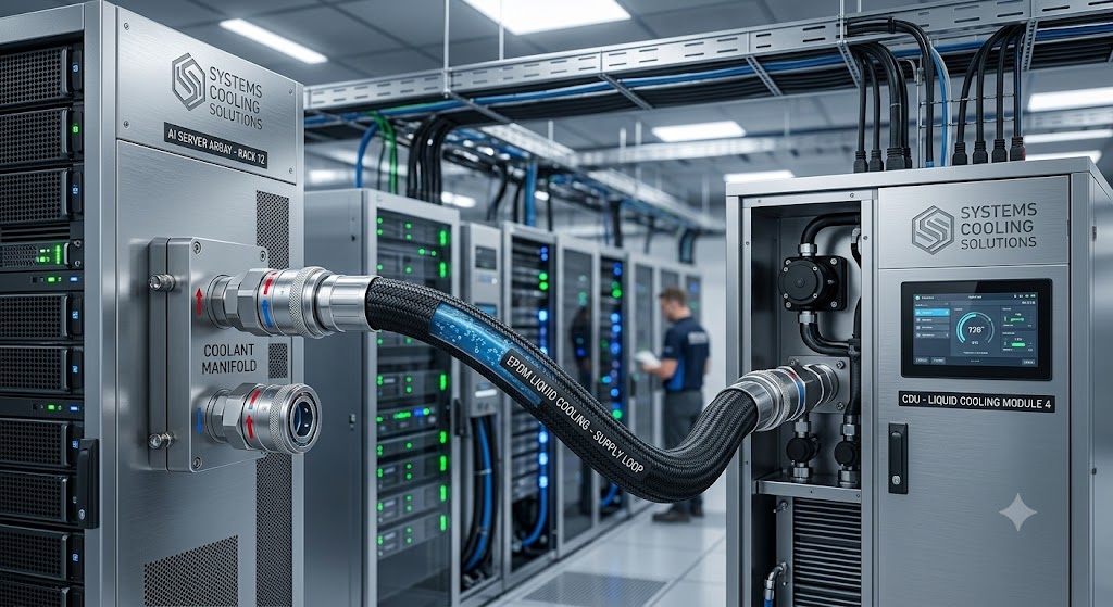 Close-up of an EPDM cooling hose assembly used in GPU cooling systems.