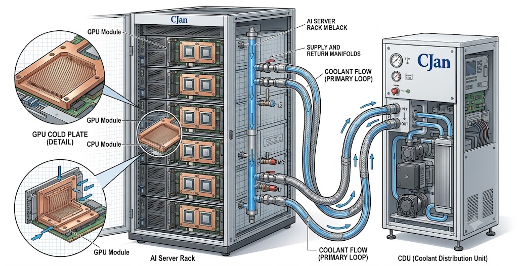 A technical illustration showing coolant flow through a GPU liquid cooling system including CDU, hoses, and cold plates.