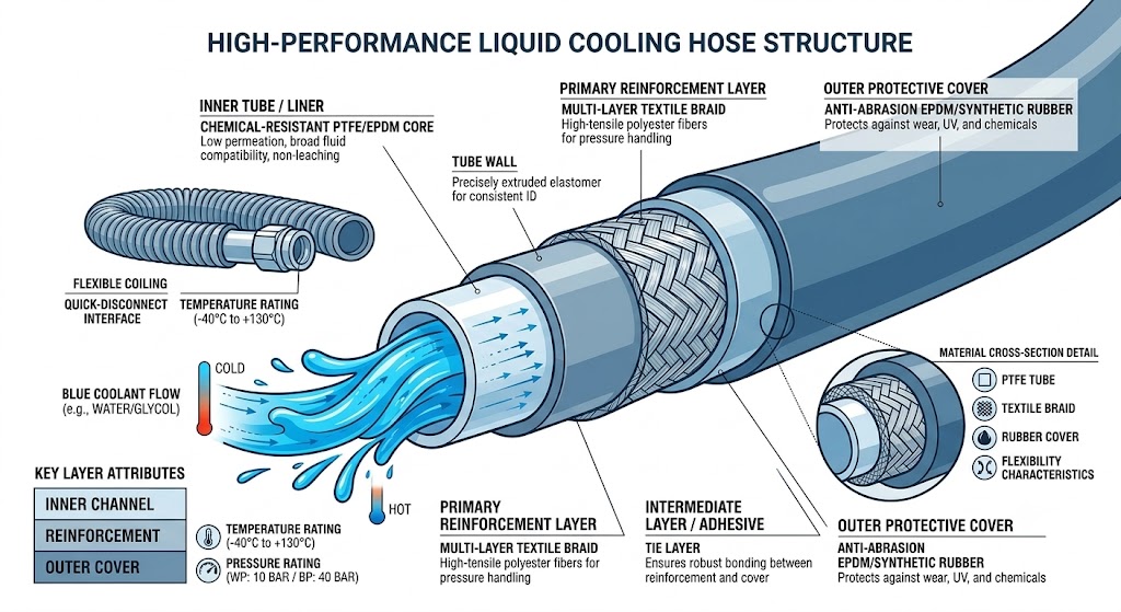 Cross-section showing the structure of a specialized liquid cooling hose.