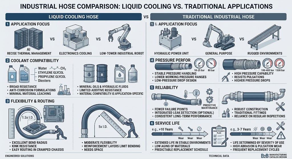 Technical comparison between specialized liquid cooling hoses and traditional industrial hoses.