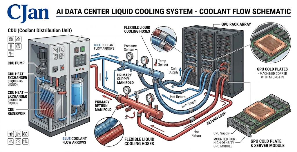 Engineering diagram showing coolant circulation from CDU through hoses, cold plates, GPUs, and return loop.
