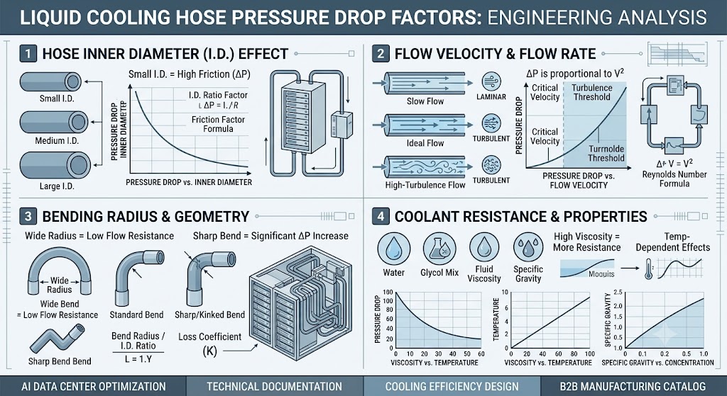 Technical visualization explaining how hose diameter, length, and bending affect coolant flow.