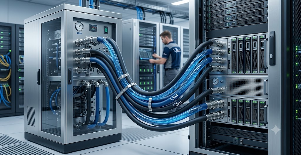 Realistic scene showing proper installation of cooling hoses in AI infrastructure.