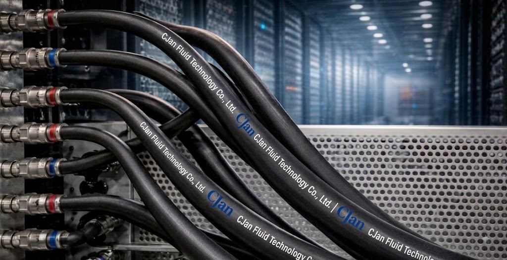 Application scene showing cooling hoses installed in AI server infrastructure.