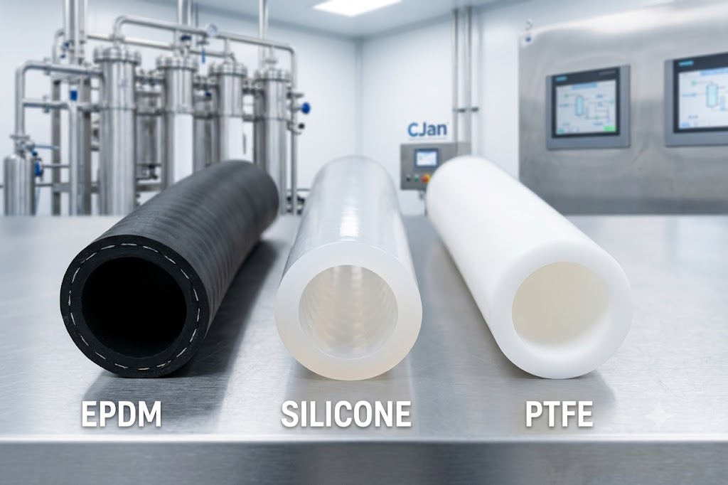 Engineering comparison infographic showing three hose materials and their performance characteristics.
