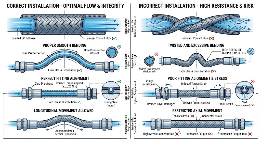 Comparison between proper hose routing and common installation mistakes.