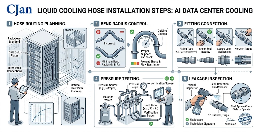 Step-by-step engineering illustration showing correct hose installation procedures.