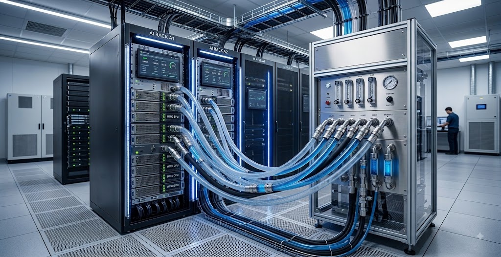 Application image showing cooling hoses operating in AI server infrastructure.
