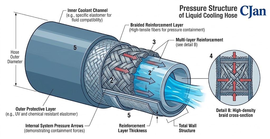 Cutaway engineering illustration showing hose layers and pressure resistance design.