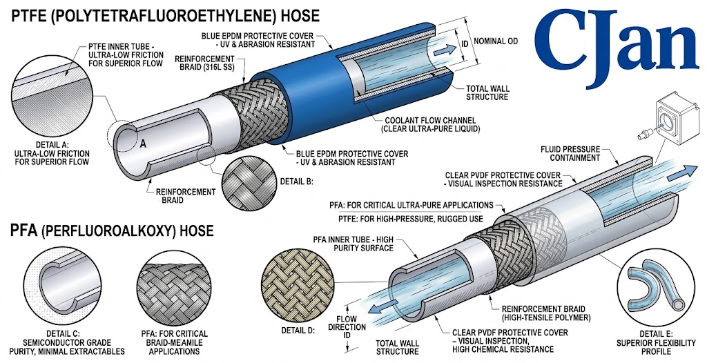 Professional engineering infographic comparing different liquid cooling hose materials and application scenarios.