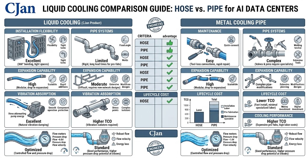 Engineering infographic comparing flexible cooling hoses and rigid metal piping systems.