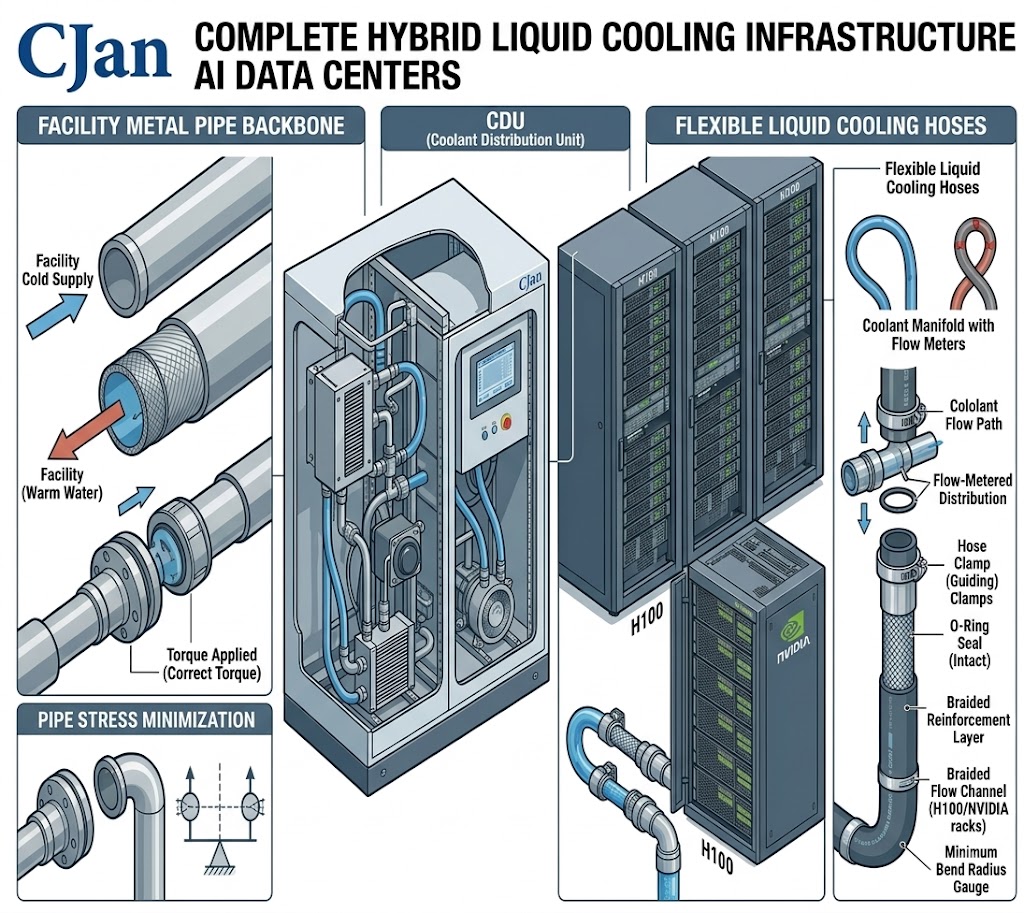 Hybrid architecture combining metal pipes and flexible cooling hoses.