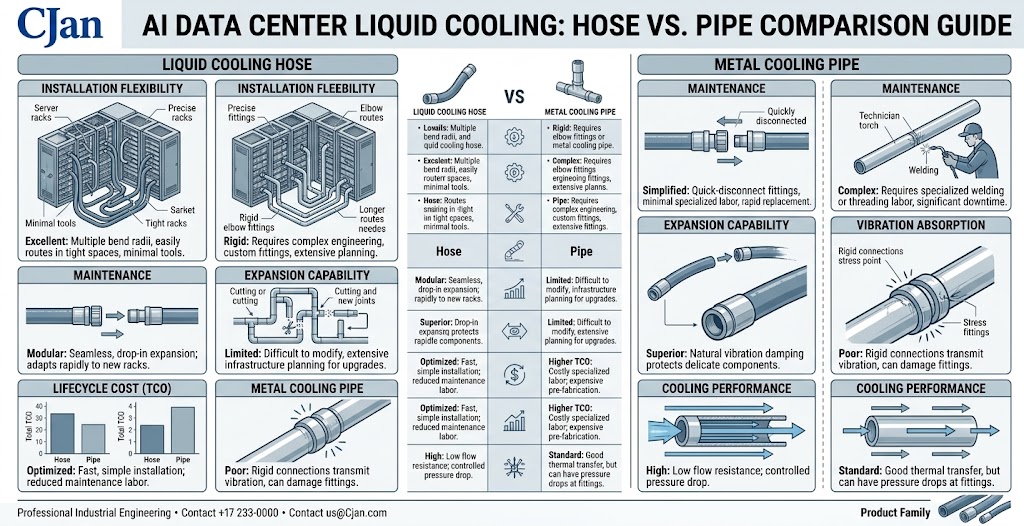 Engineering infographic comparing flexible cooling hoses and rigid metal piping systems.