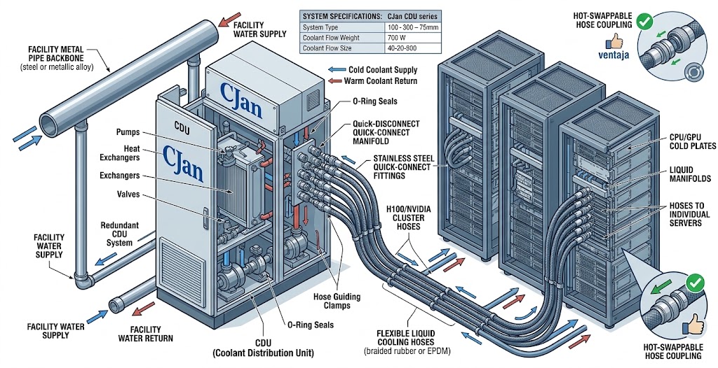 Hybrid architecture combining metal pipes and flexible cooling hoses.