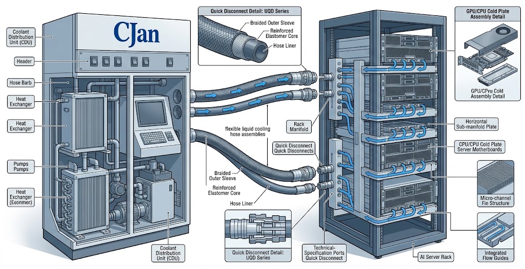 Show the complete coolant path from CDU to rack manifold and GPU cold plates, highlighting the hose assemblies between major components.