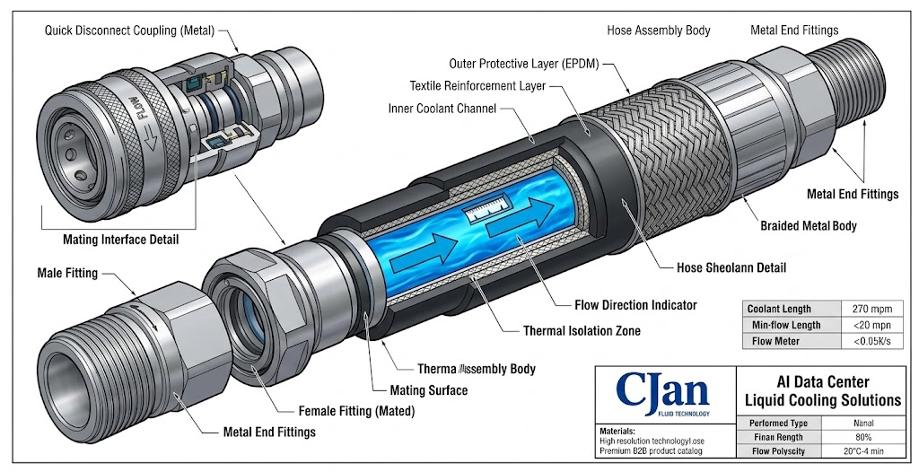 Focus on the physical hose assembly: hose body, reinforcement, fittings and quick disconnect couplings.