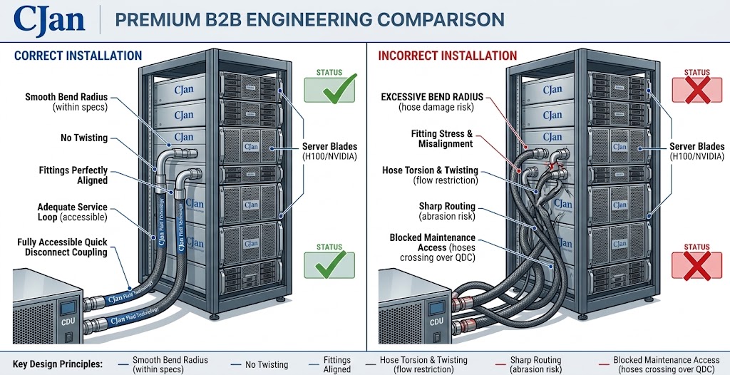 Compare proper routing with common problems such as excessive bending, twisting, excessive tension and poor maintenance access.