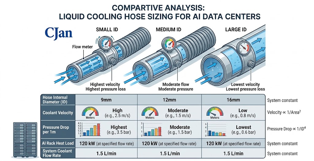 Show how changing hose internal diameter affects coolant velocity and pressure drop.