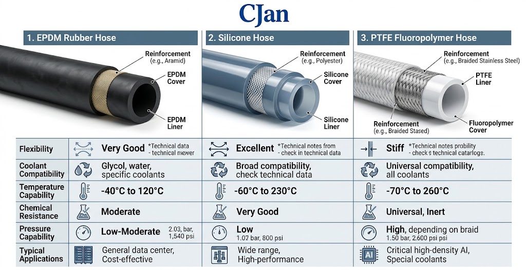 Present a side‑by‑side engineering comparison chart of the three tubing materials, with emphasis on flexibility, chemical resistance, thermal performance, and typical use cases.