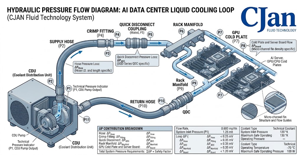 Pressure is not confined to the hose; it extends through the entire loop – CDU, hose, QD, fittings, and cold plate.