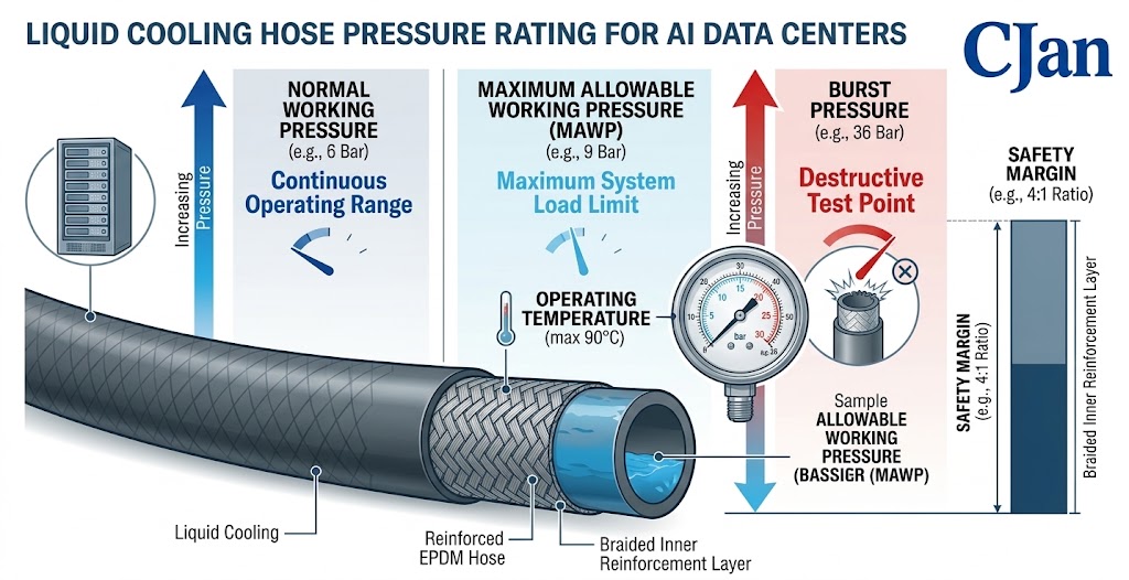 The three concepts of Working Pressure, Maximum Working Pressure, and Burst Pressure are clearly distinguished through engineering cross-sections and pressure gauge indications.