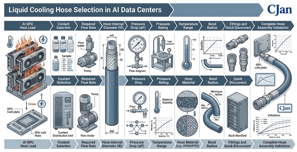 Liquid cooling hose selection workflow for AI data centers, from thermal load and coolant to hose size and connection.