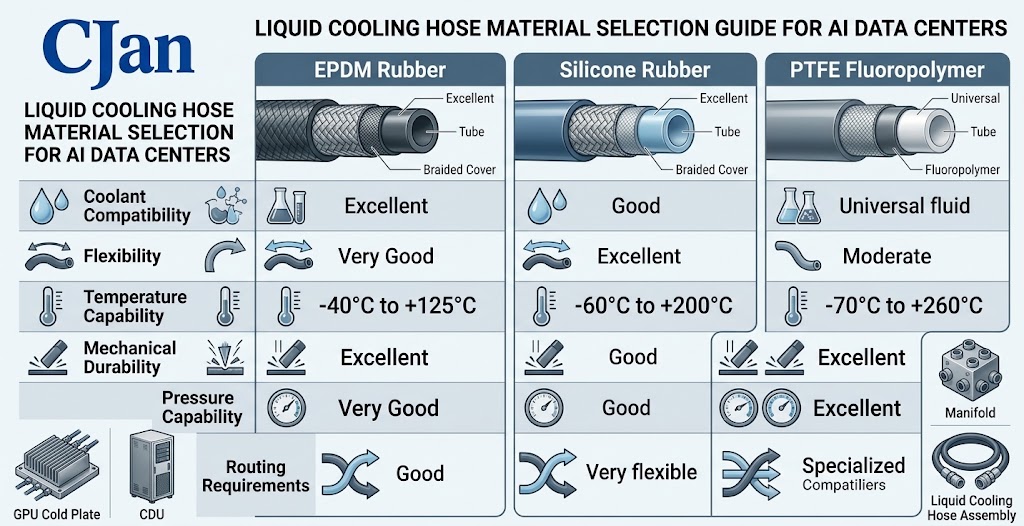 Comparison of EPDM, silicone and fluoropolymer liquid cooling hose options for different AI cooling requirements.