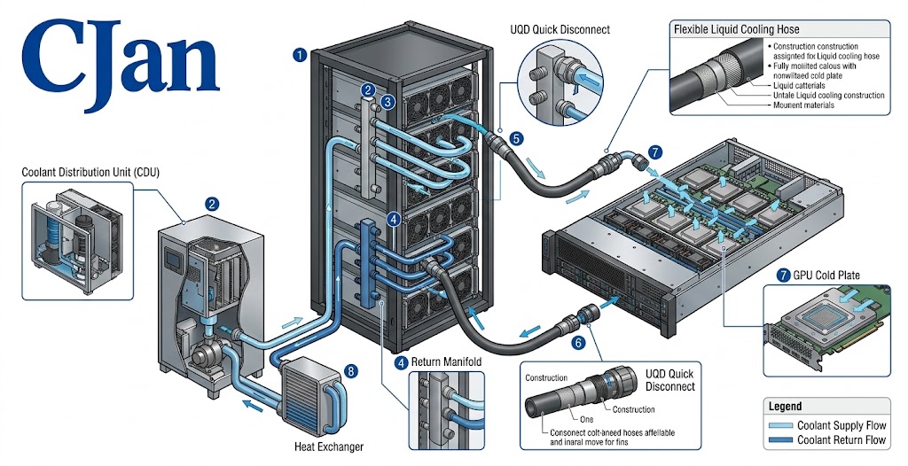 AI data center liquid cooling system showing CDU, manifold, cold plate and liquid cooling hoses