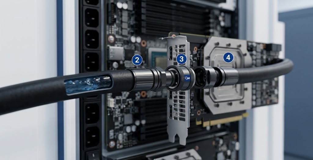 AI server liquid cooling hose connected to GPU cold plate through UQD