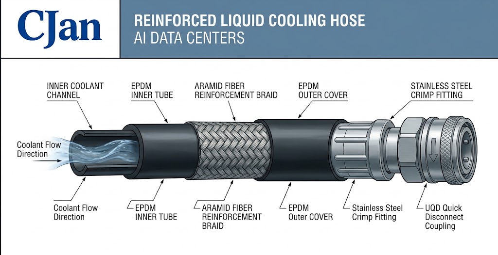 Multi-layer liquid cooling hose cross-section showing coolant channel reinforcement and outer protective layer