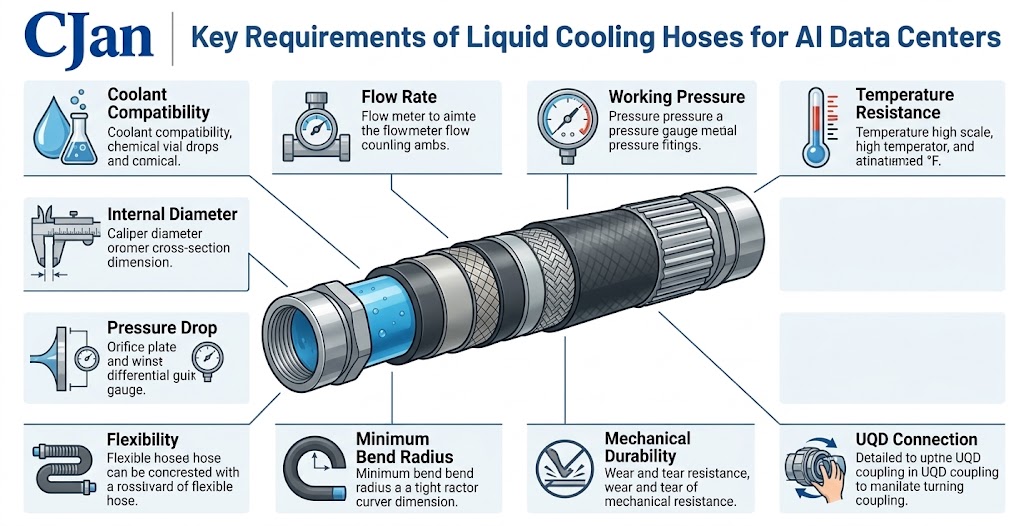 Key requirements for AI data center liquid cooling hoses including pressure flow temperature flexibility and UQD