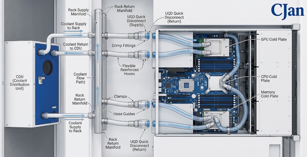 AI server liquid cooling circuit showing CDU manifold hose UQD and cold plate connections