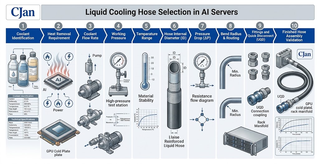 AI server liquid cooling hose selection process from coolant and flow rate to pressure temperature and UQD