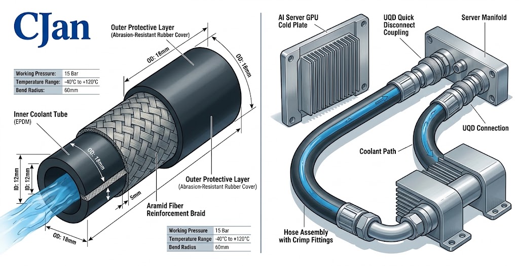Multi-layer liquid cooling hose showing inner coolant tube reinforcement layer and outer protective layer