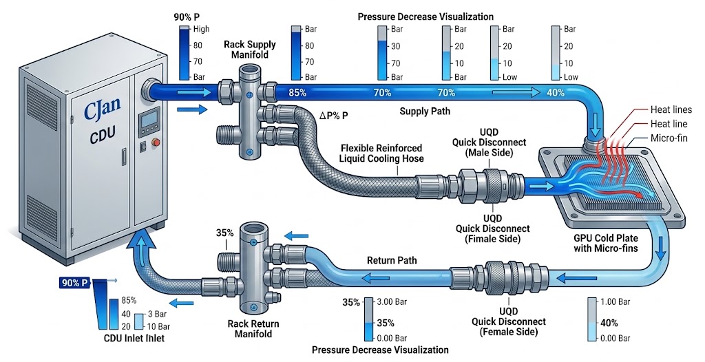 Liquid cooling hose pressure drop in an AI data center cooling loop