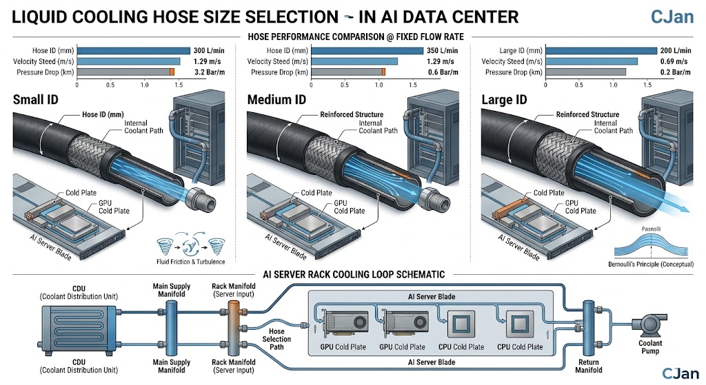 Liquid cooling hose size selection for AI data center cooling systems