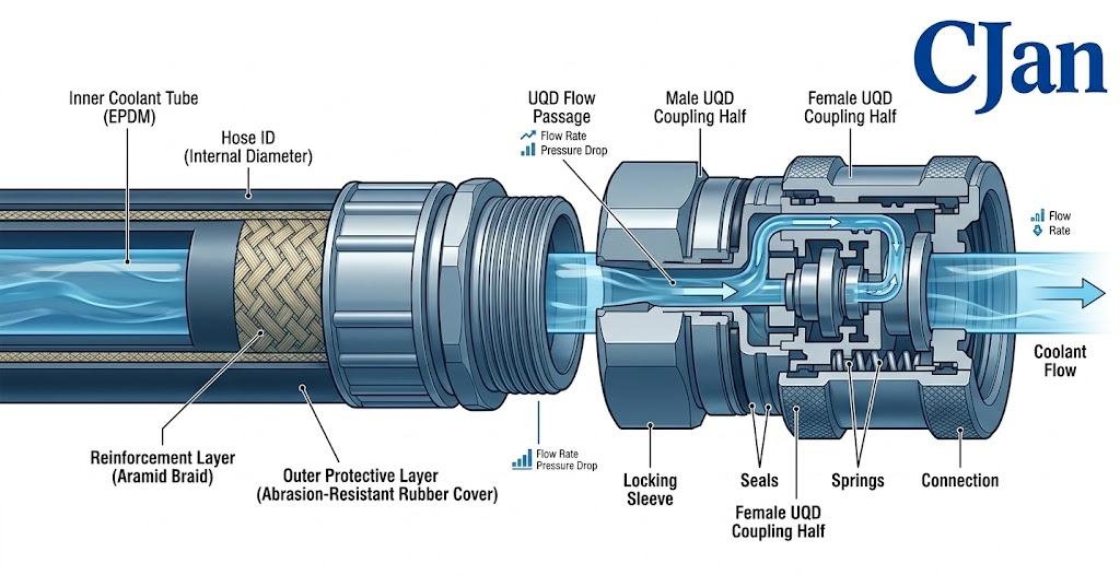 Liquid cooling hose and UQD connection in an AI data center cooling system