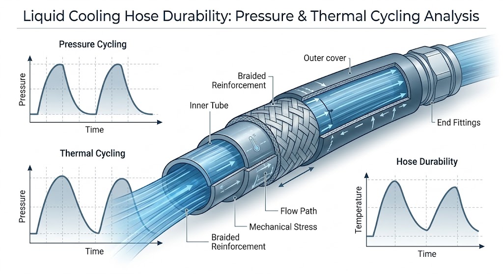 Pressure and thermal cycling of liquid cooling hoses in AI cooling systems