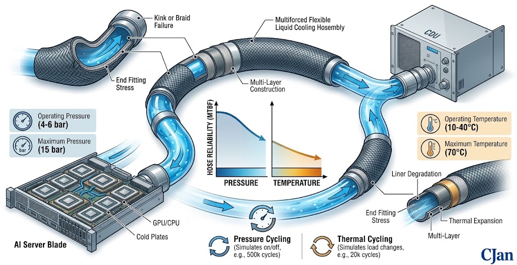 Pressure and temperature effects on liquid cooling hose reliability in AI data centers