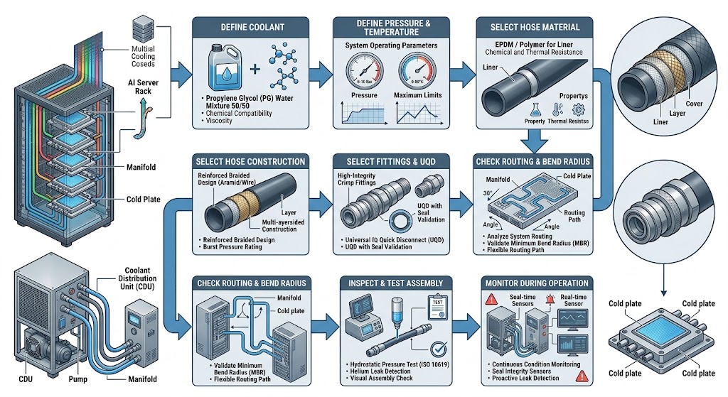 Liquid cooling hose leak prevention workflow for AI data center systems