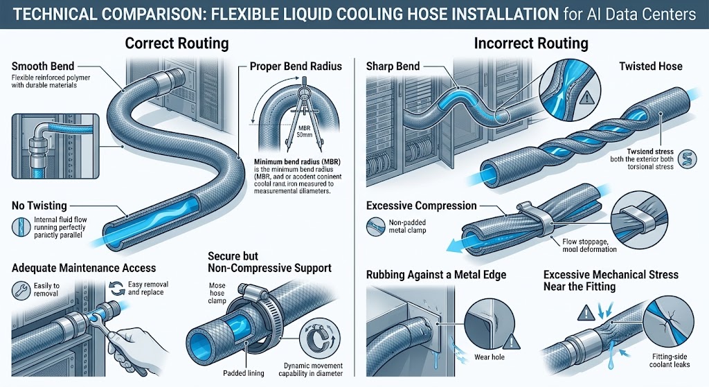 Correct and incorrect liquid cooling hose routing and installation