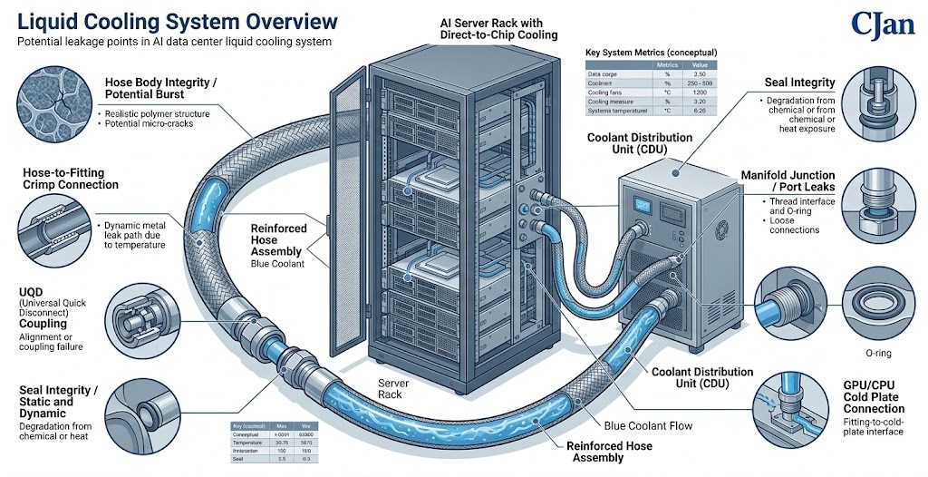 Liquid cooling hose leakage risk points in AI data center cooling systems